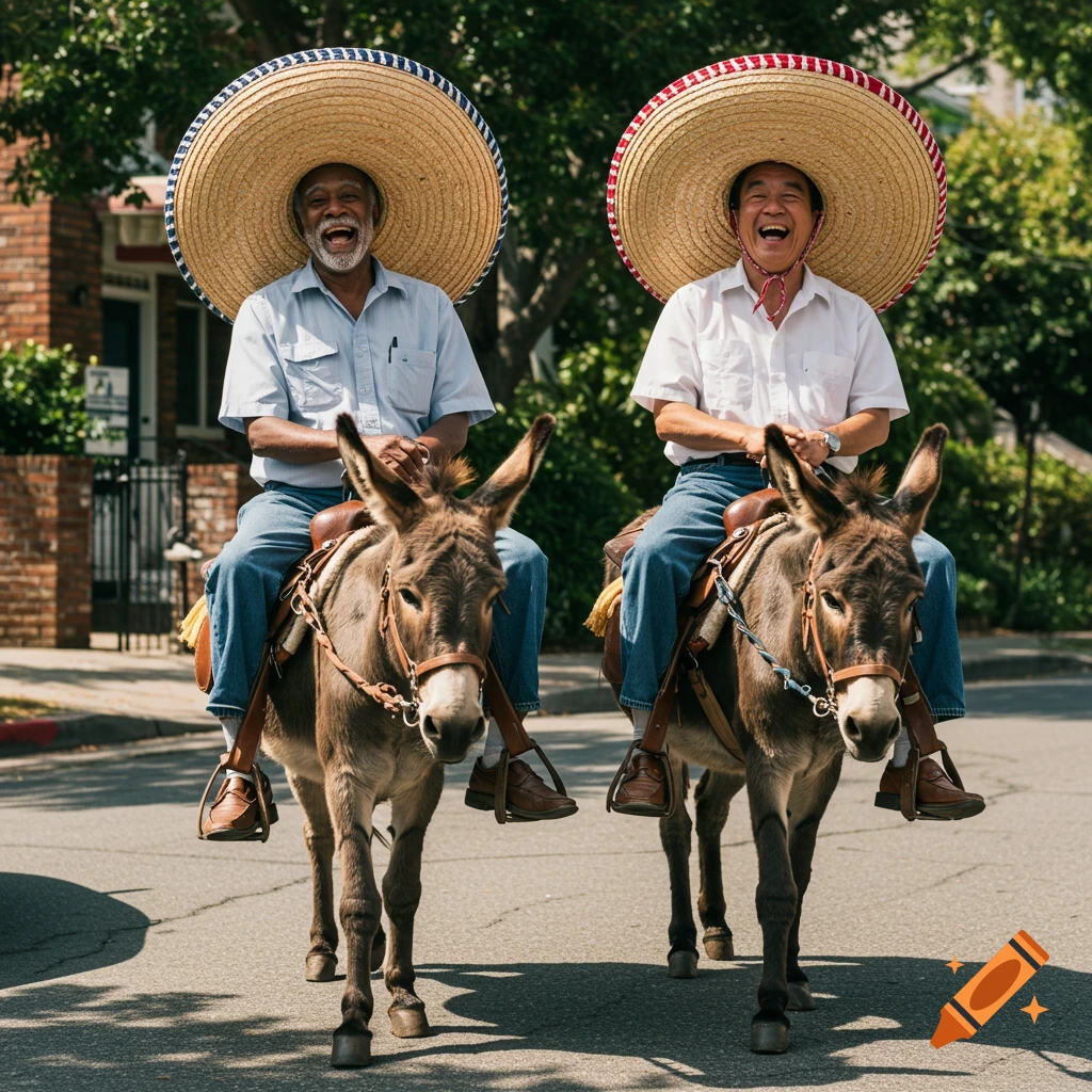 Two older men in sombrero hats riding donkeys and laughing in a street.
