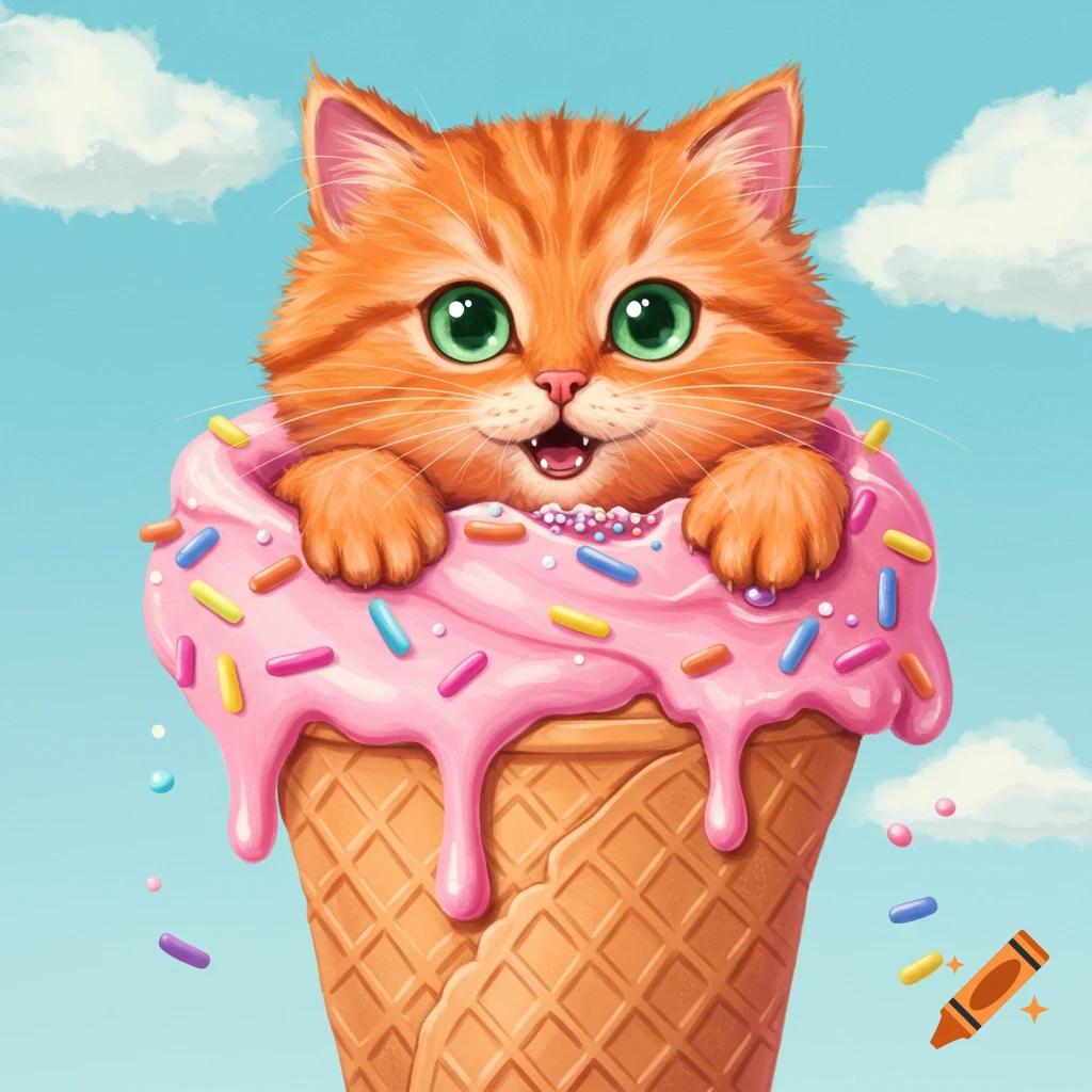 Cute cartoon ginger cat peeking out of a large pink ice cream cone with sprinkles against a blue sky.
