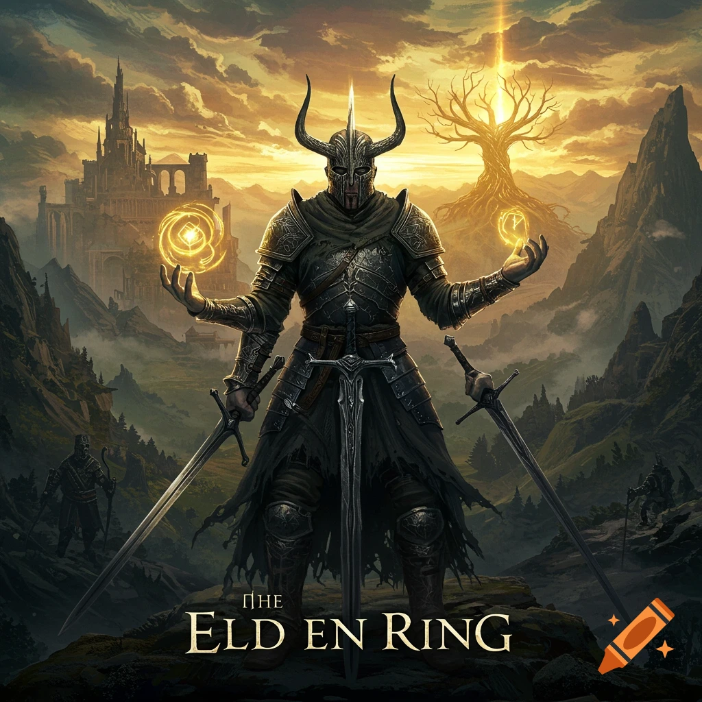 A heavily armored warrior with horns stands in a fantasy landscape, holding glowing orbs. Text reads "The Elden Ring".