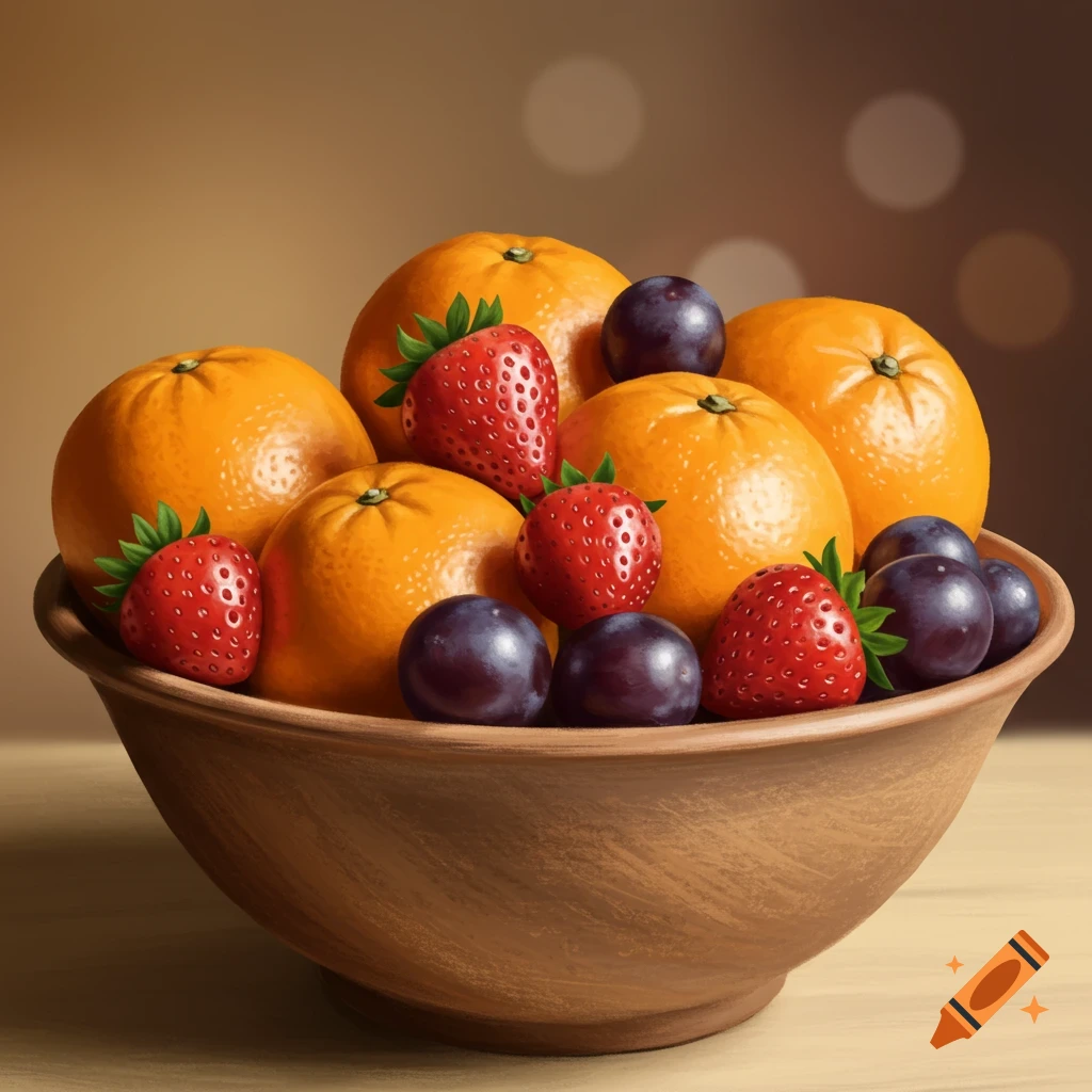 A fruit bowl filled with oranges, strawberries, and plums.