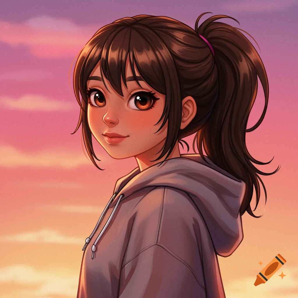 Anime portrait of a girl in a grey hoodie against a sunset