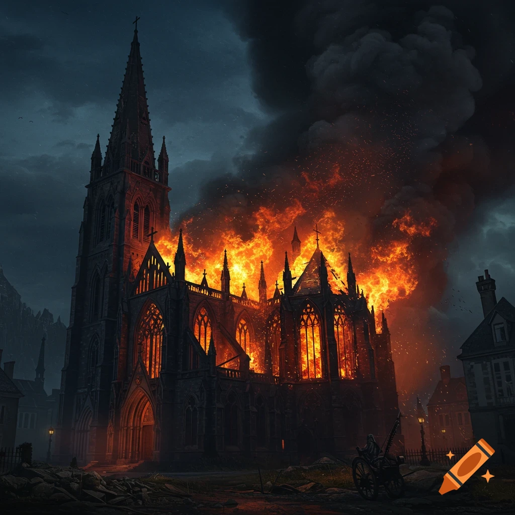 A gothic church burning under a dark, stormy sky.