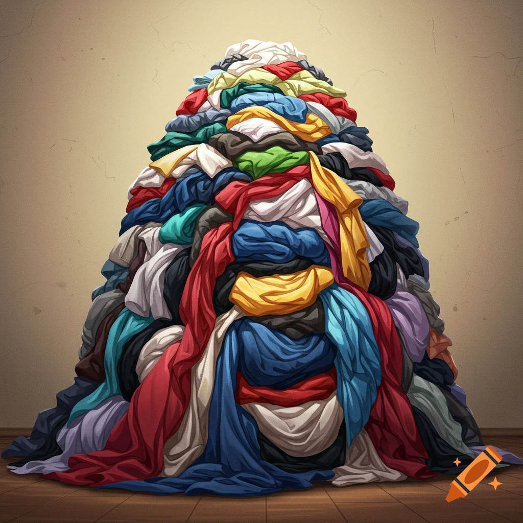 A large mountain of colorful laundry is piled on a wooden floor.