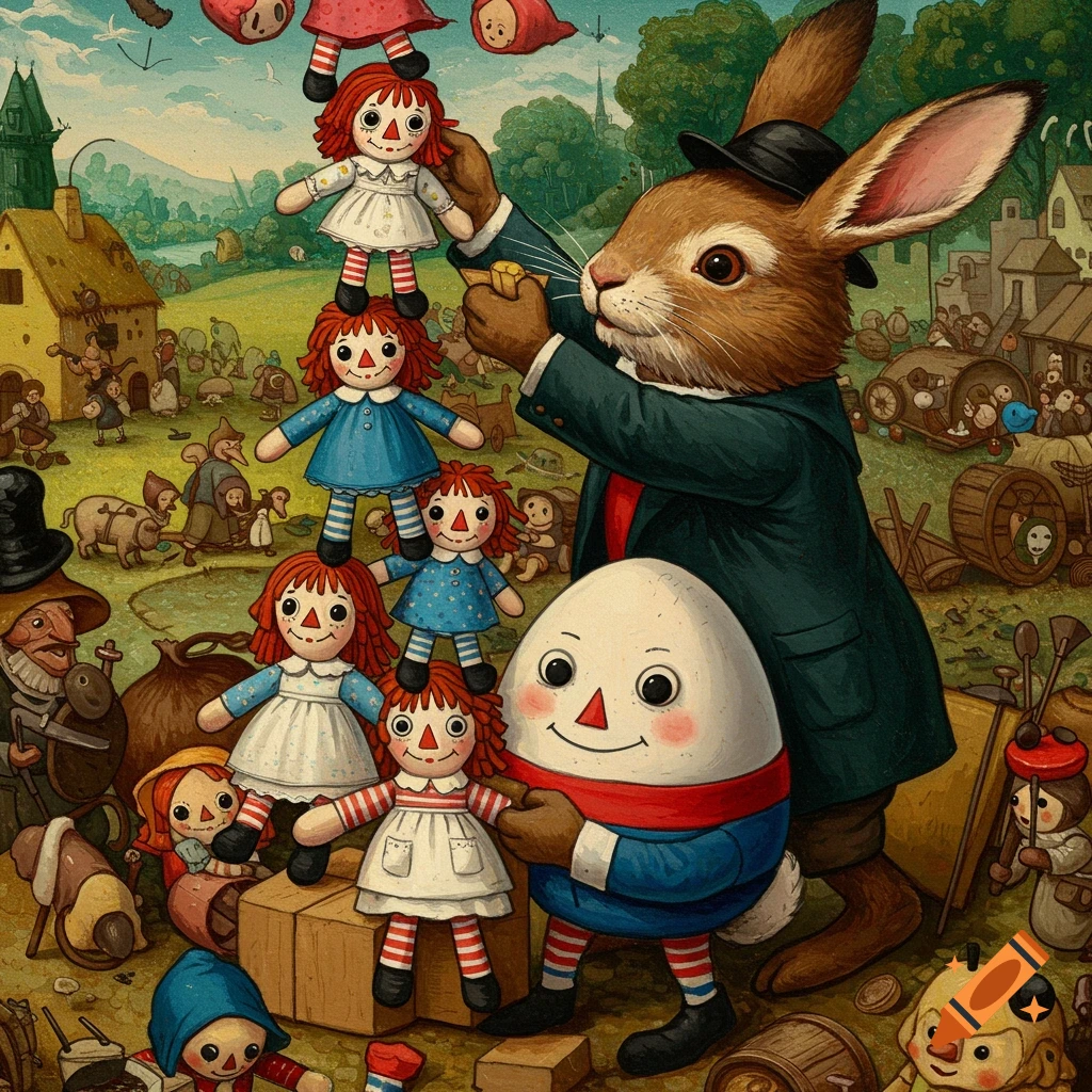 A rabbit in a hat stacks Raggedy Ann dolls while a Humpty Dumpty character watches.