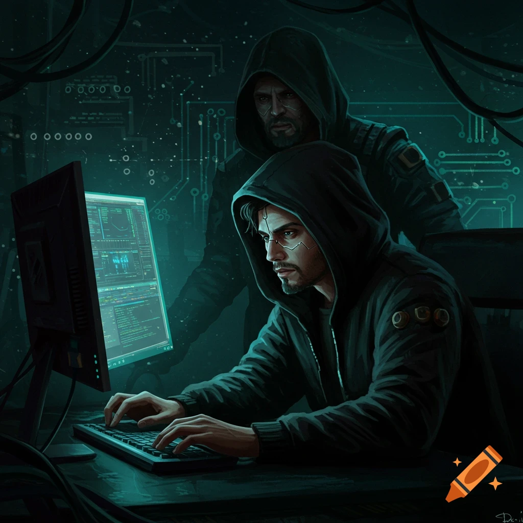 Two men in black hoodies are looking at a computer screen displaying code in a dark, cyber-themed room.