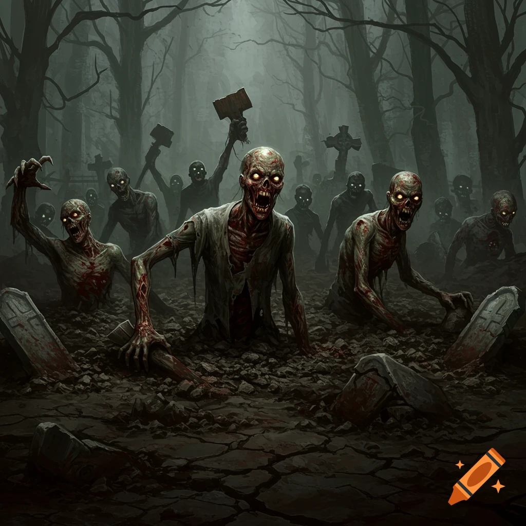 Zombies are crawling out of graves in a dark, foggy forest graveyard.