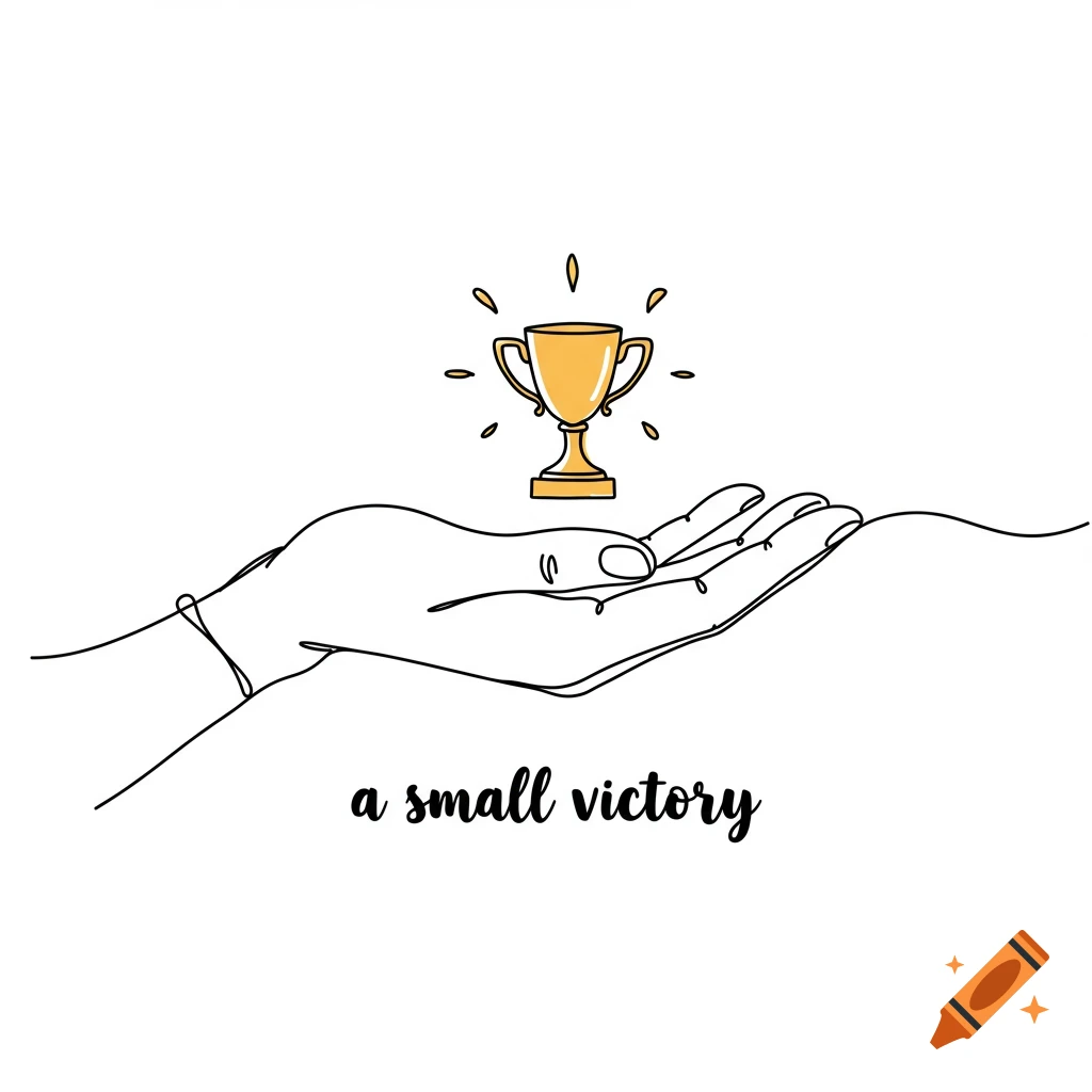 A simple line drawing of a hand holding a golden trophy above the text "a small victory".