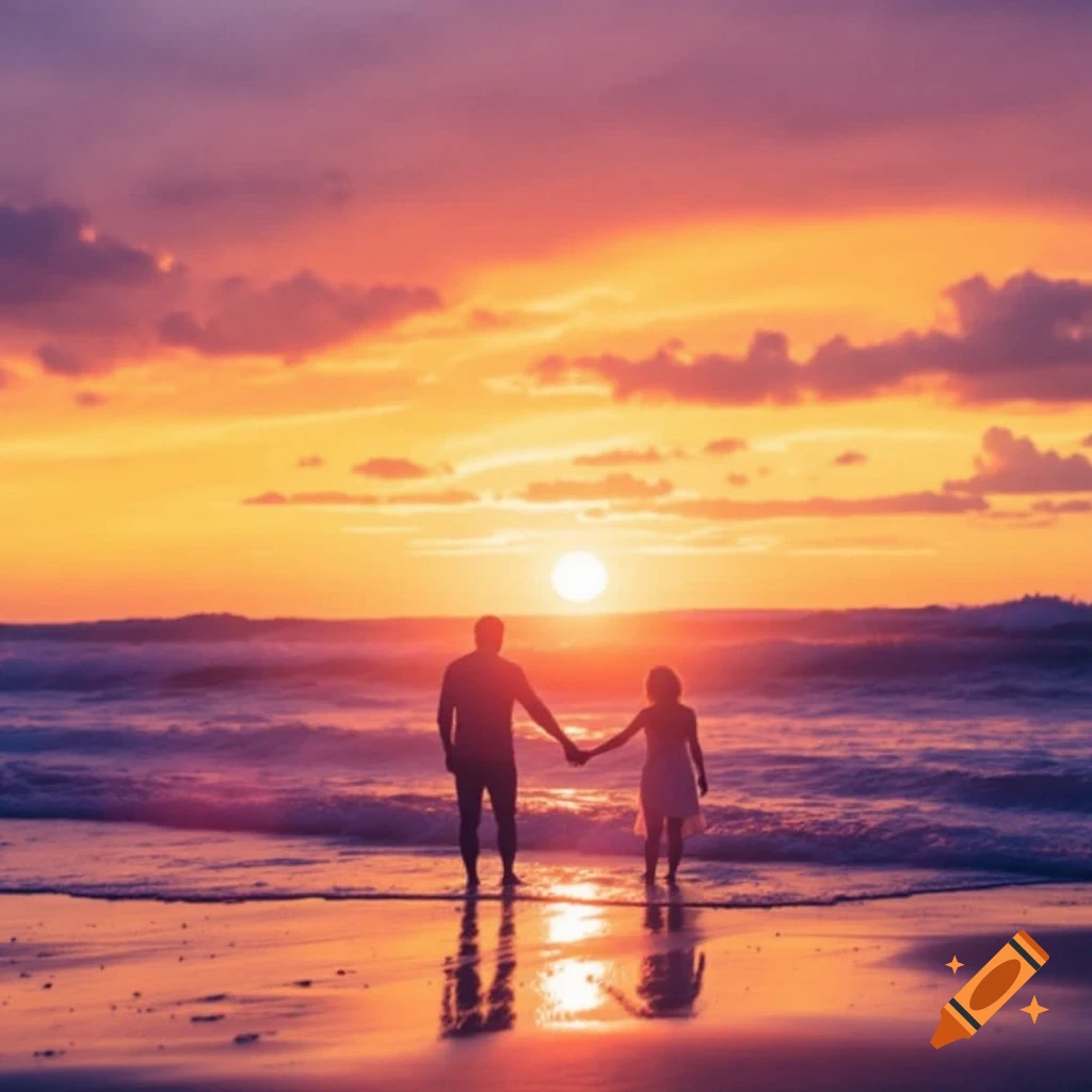 Couple holding hands on a beach at sunset