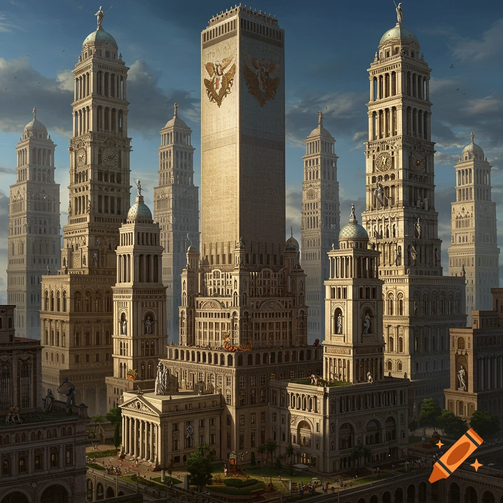 A city skyline of tall, ornate baroque-style buildings under a cloudy sky.