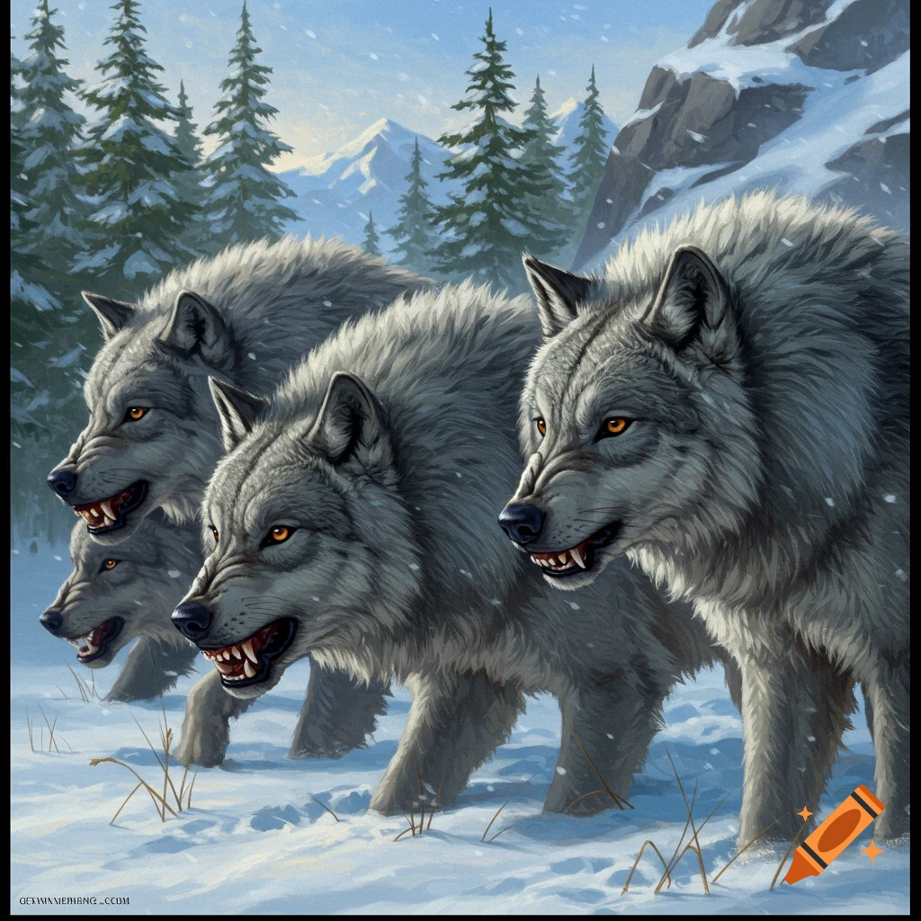 A pack of wolves moves through a snowy forest.