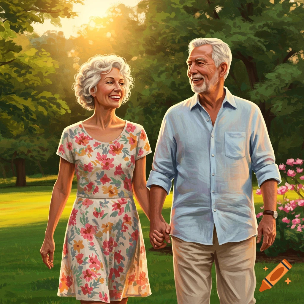 A happy elderly couple walking in a park, holding hands.