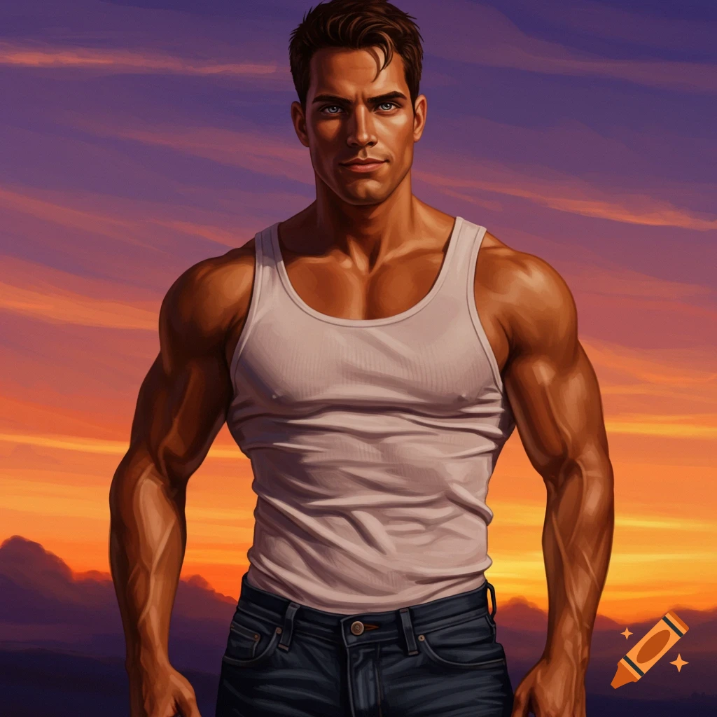 Muscular man in a tank top and jeans against a colorful sunset sky.