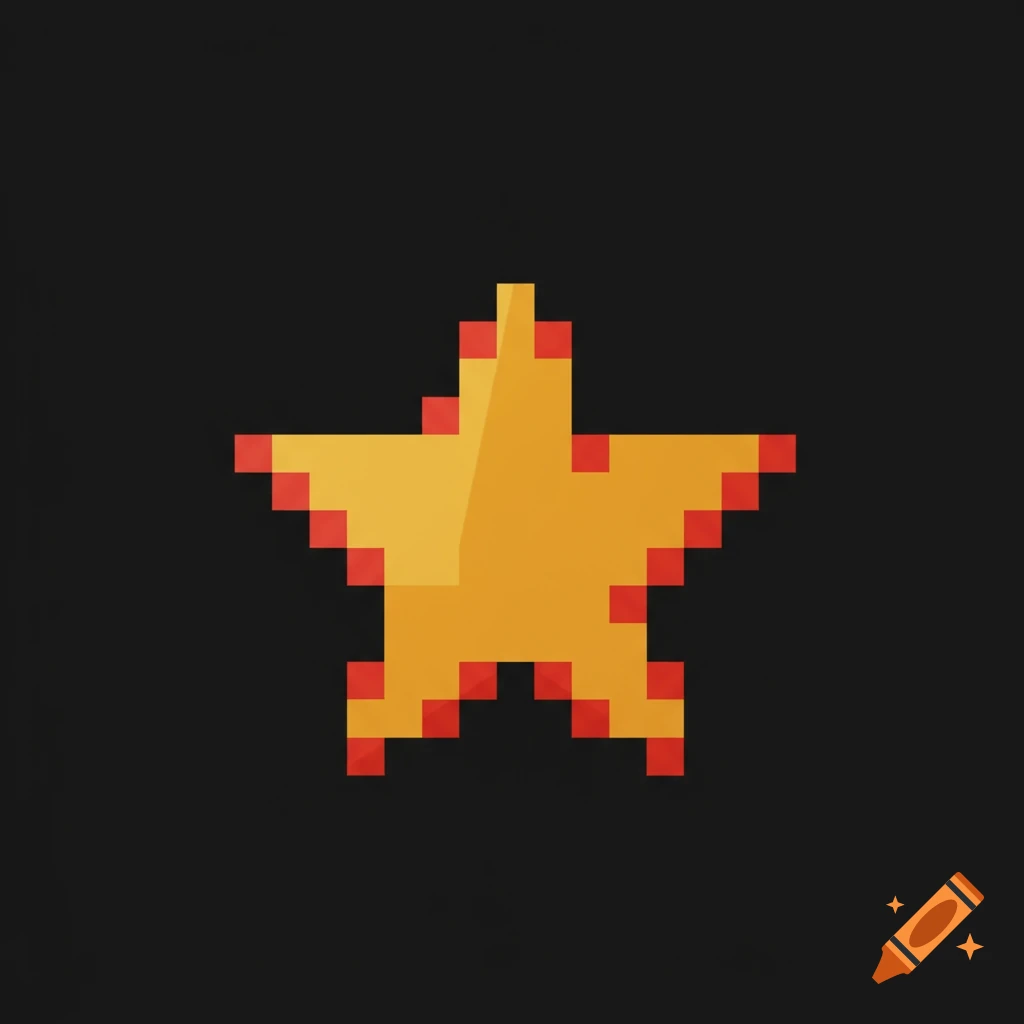 A pixelated golden star with red edges on a dark background.