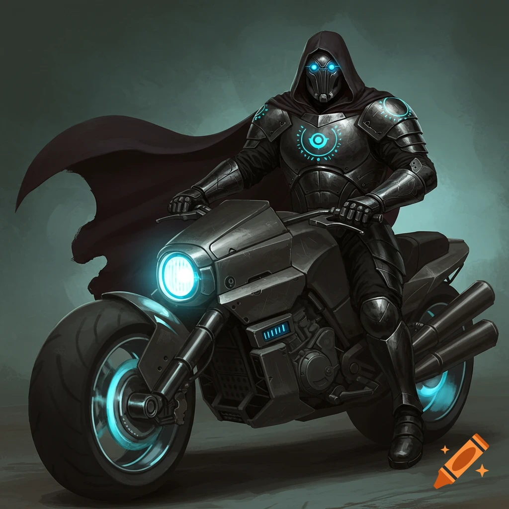 A figure in black armored suit with blue glowing eyes rides a futuristic motorcycle.