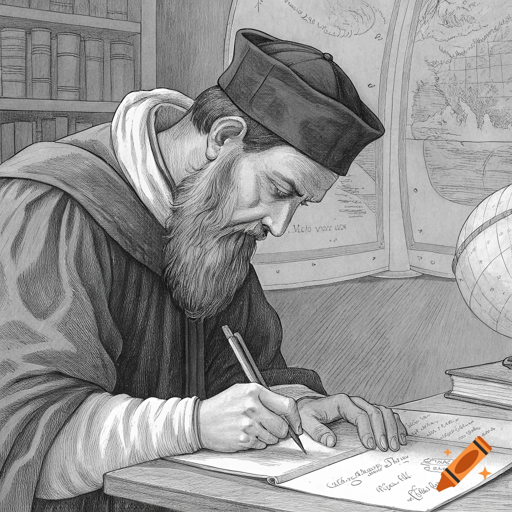 Bearded man in historical clothing writing at a desk with pen and paper, books, globe, and map, in a black and white illustration style.