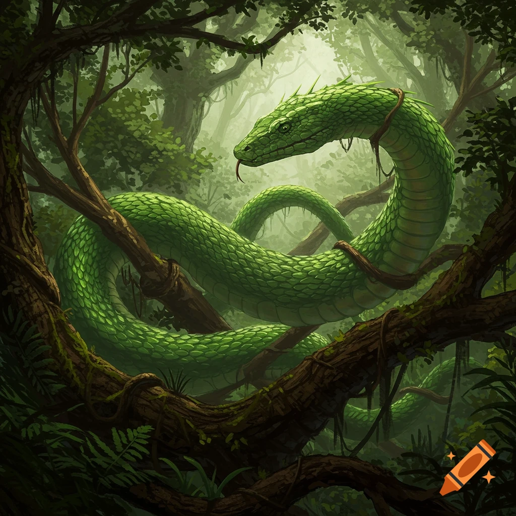 A large green snake is coiled around branches in a lush forest.