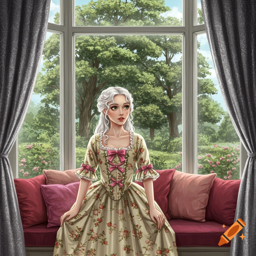 A young woman in an early 1700s dress sits on a window seat looking out at a garden.