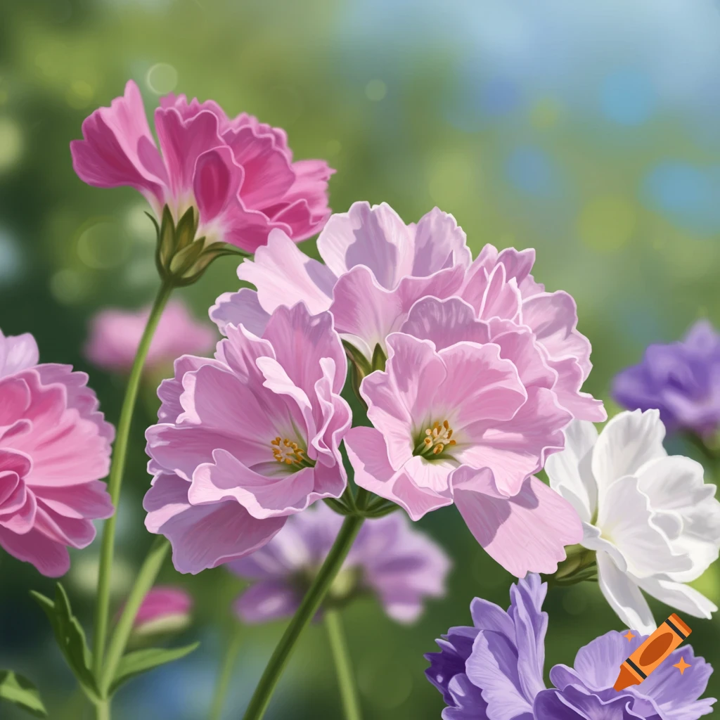 Pink, white, and purple flowers in a field.