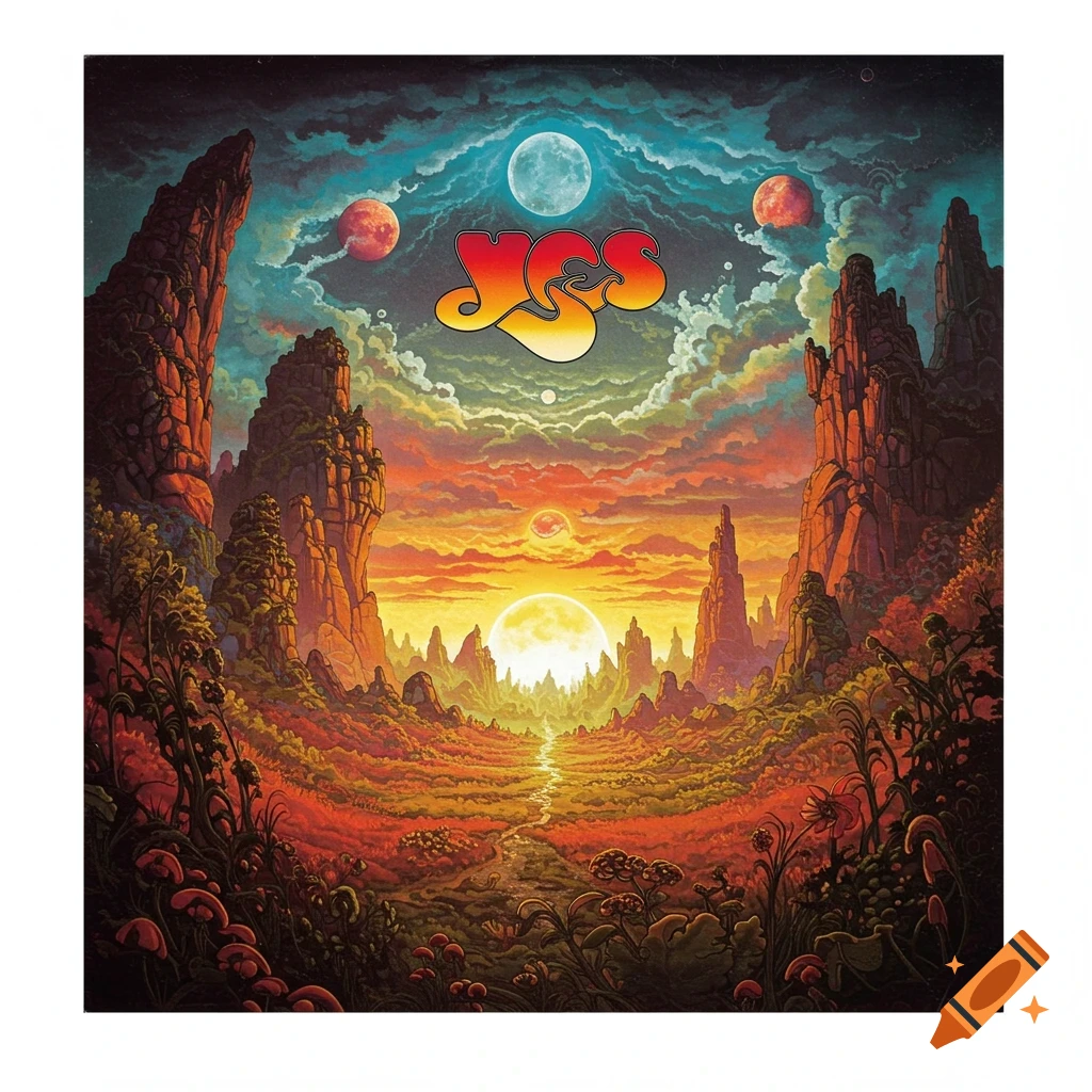Vibrant fantasy landscape with mountains, planets, moons, and the word YES.