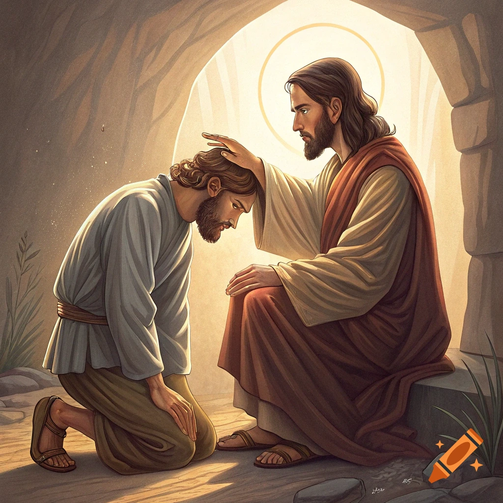 Illustration of Jesus placing his hand on a kneeling man's head in a cave entrance.