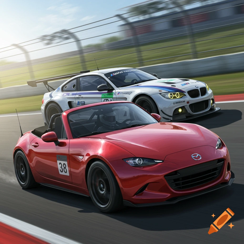 Red Mazda MX5 and a white BMW race car on a track