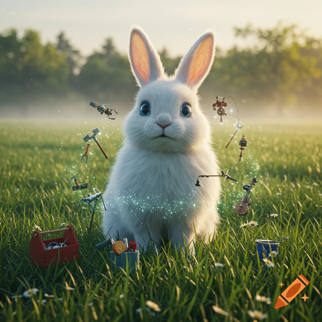 A fluffy white bunny sits in a sunny field surrounded by floating tools and magical sparkles.