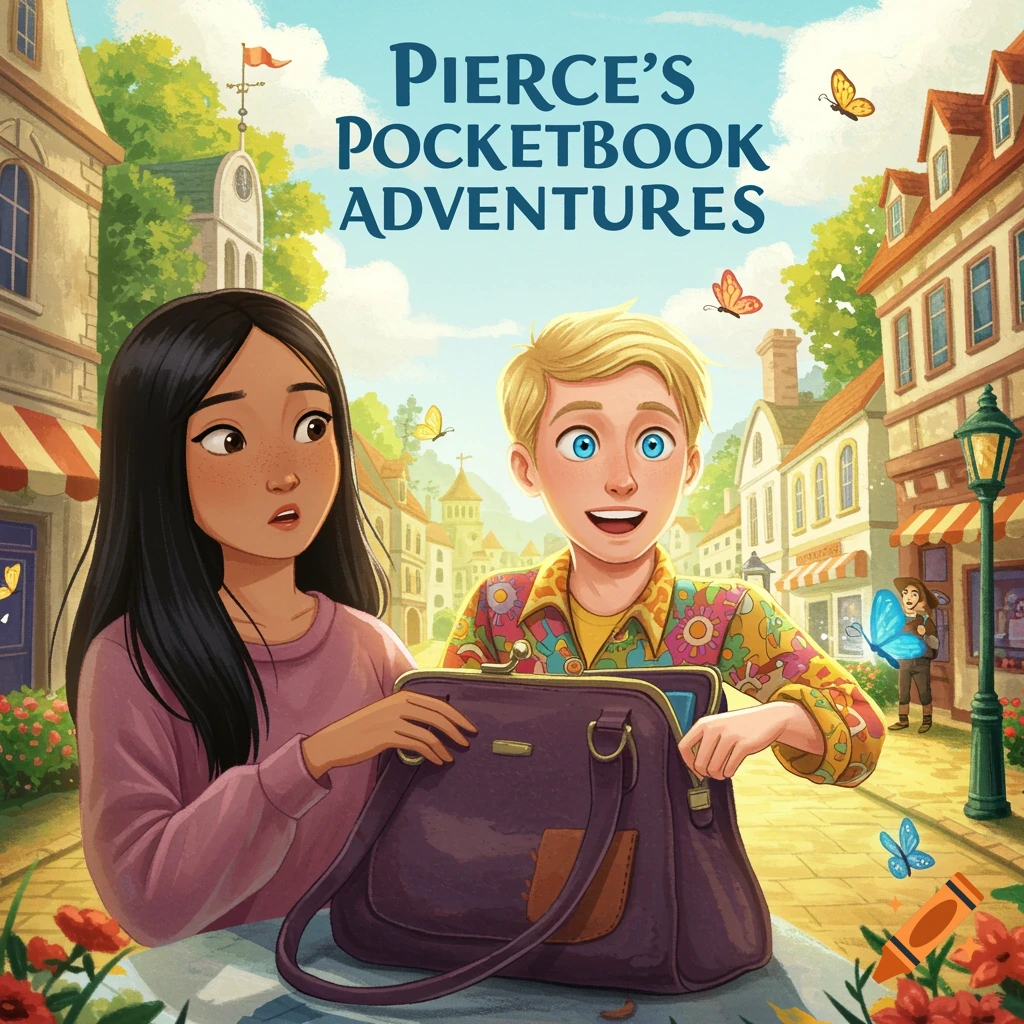 Illustration of two young people and a pocketbook titled 'Pierce's Pocketbook Adventures' in a town square.