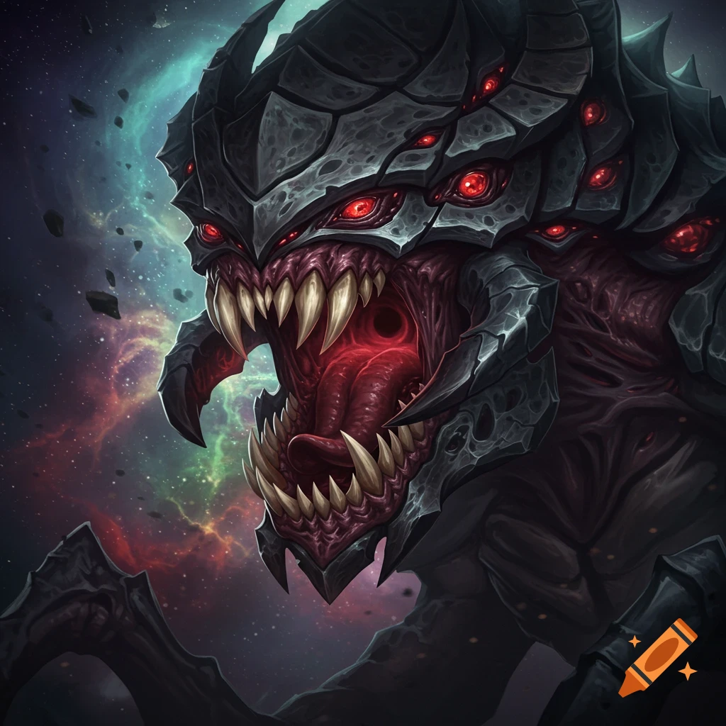 Monstrous creature with red eyes and sharp teeth against a space background.