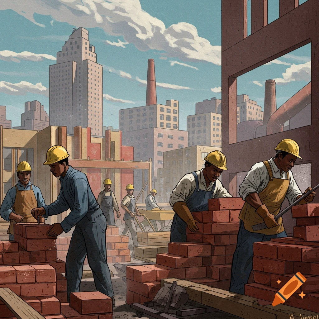 Black construction workers laying bricks in a city with industrial buildings in the background.