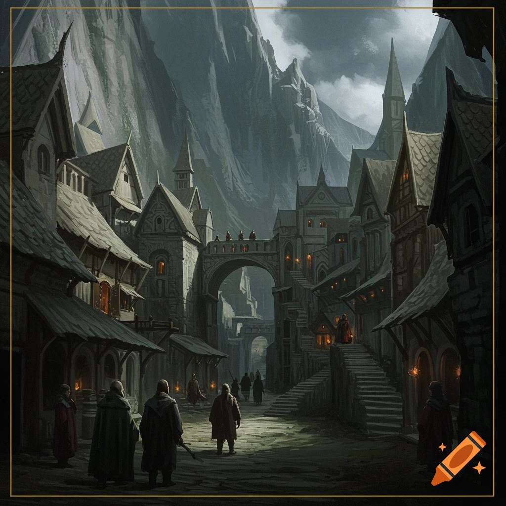 A dark fantasy town nestled in a mountain range with cloaked figures walking through the streets.