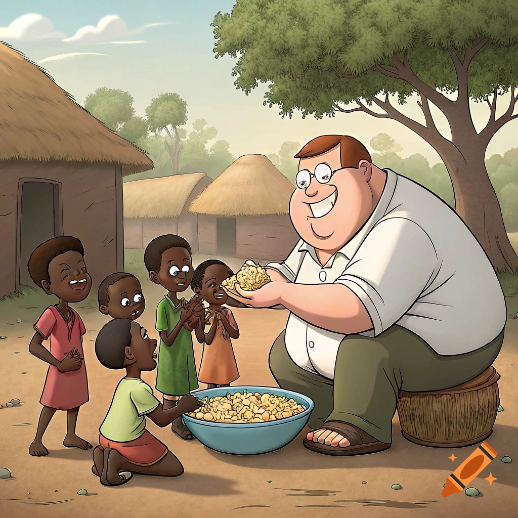 Cartoon of Peter Griffin feeding children from a bowl of food in a rural setting.