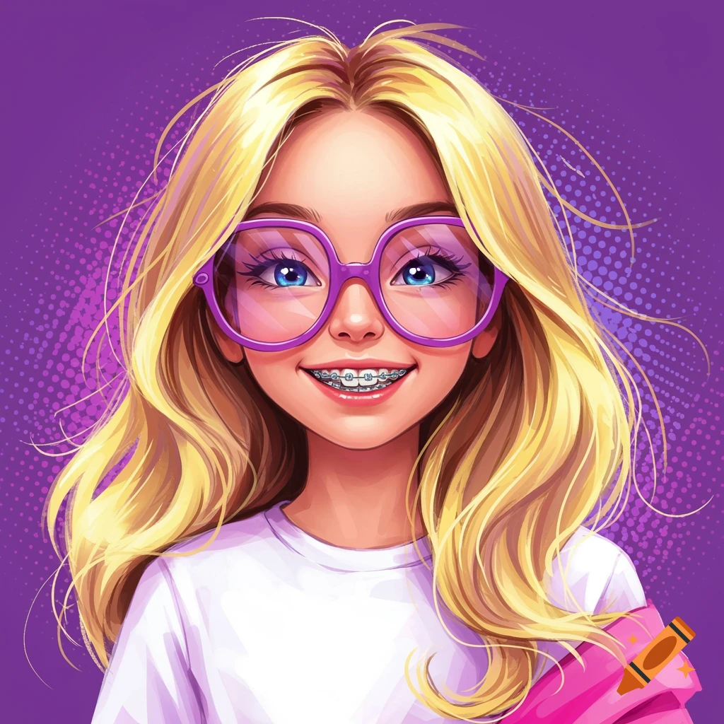A digital pop art portrait of a young girl with blond hair, purple glasses, and braces.