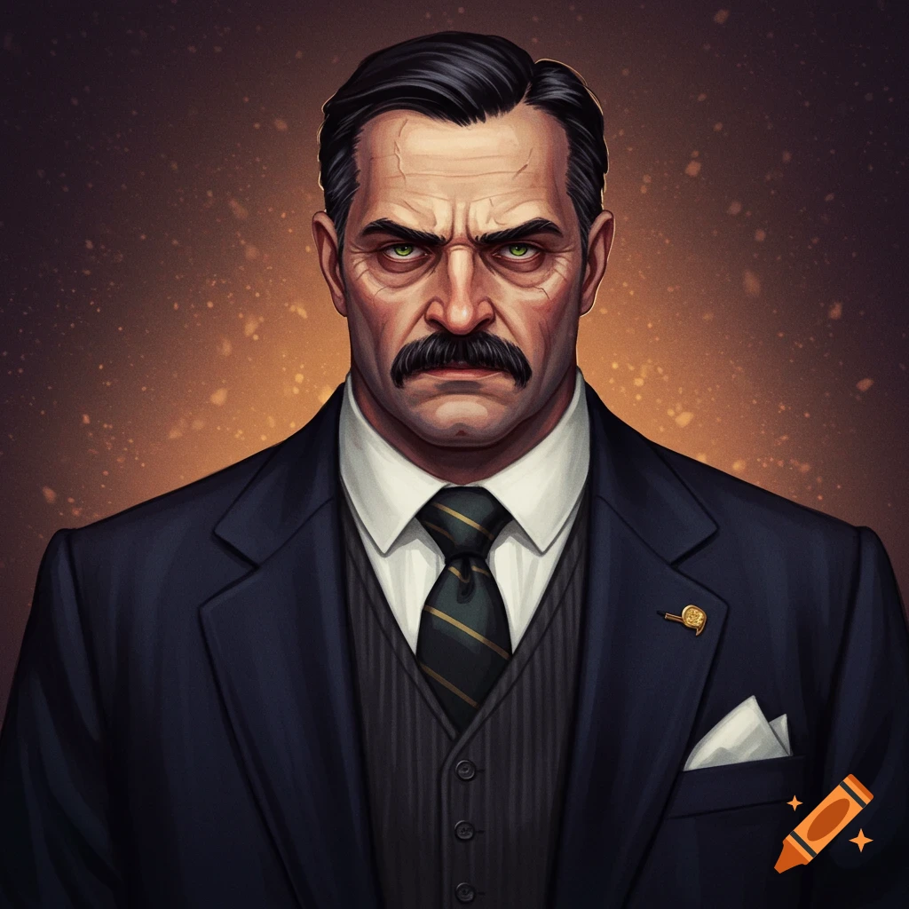 A stern man in a suit and vest with a mustache and intense green eyes.