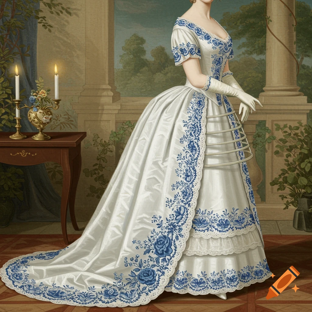 A woman in a 19th century white dress with blue floral embroidery and a hoop skirt.