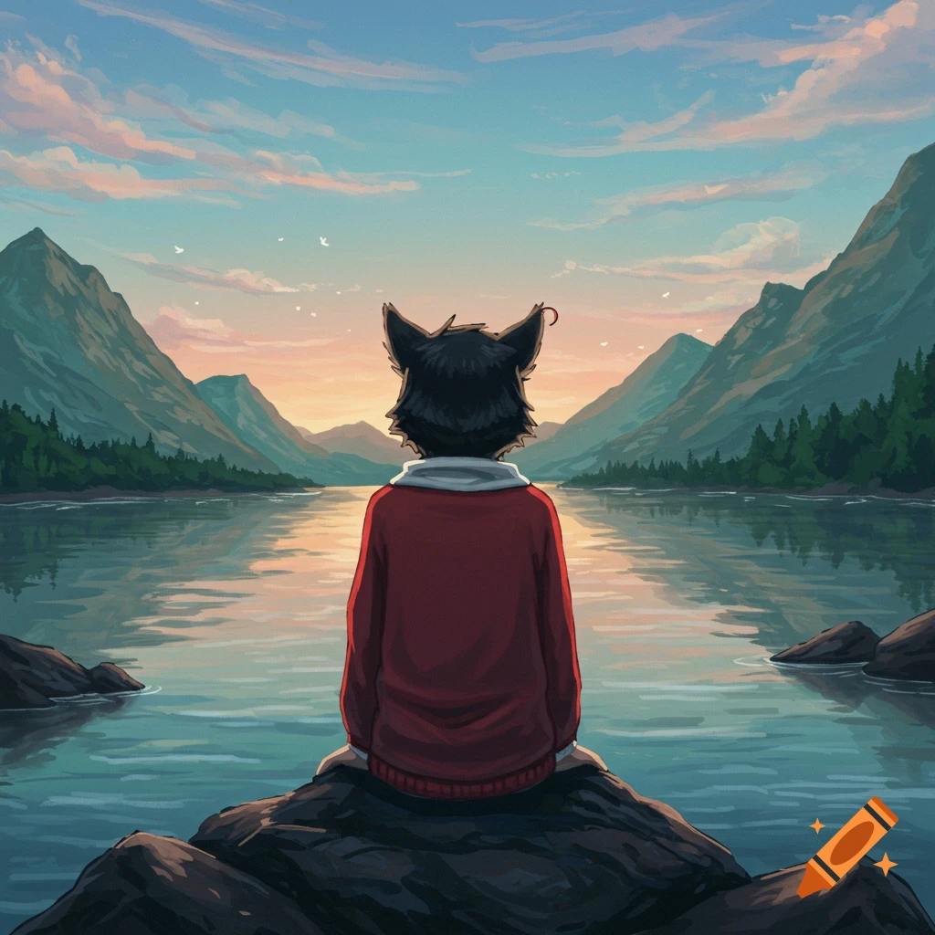 Person with animal ears sits on a rock viewing a lake, mountains, and sunset.