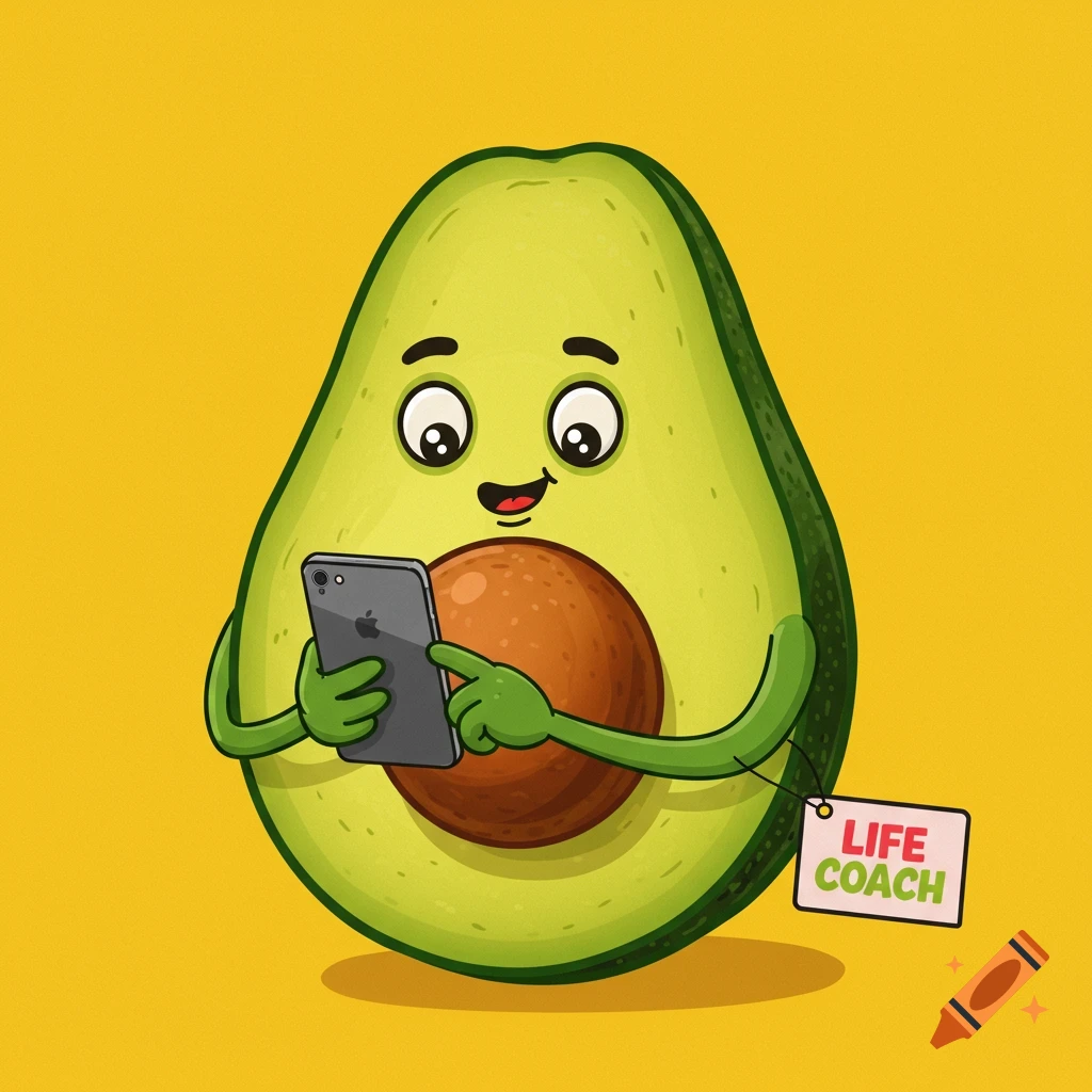 Cartoon avocado character texting with a LIFE COACH name tag.