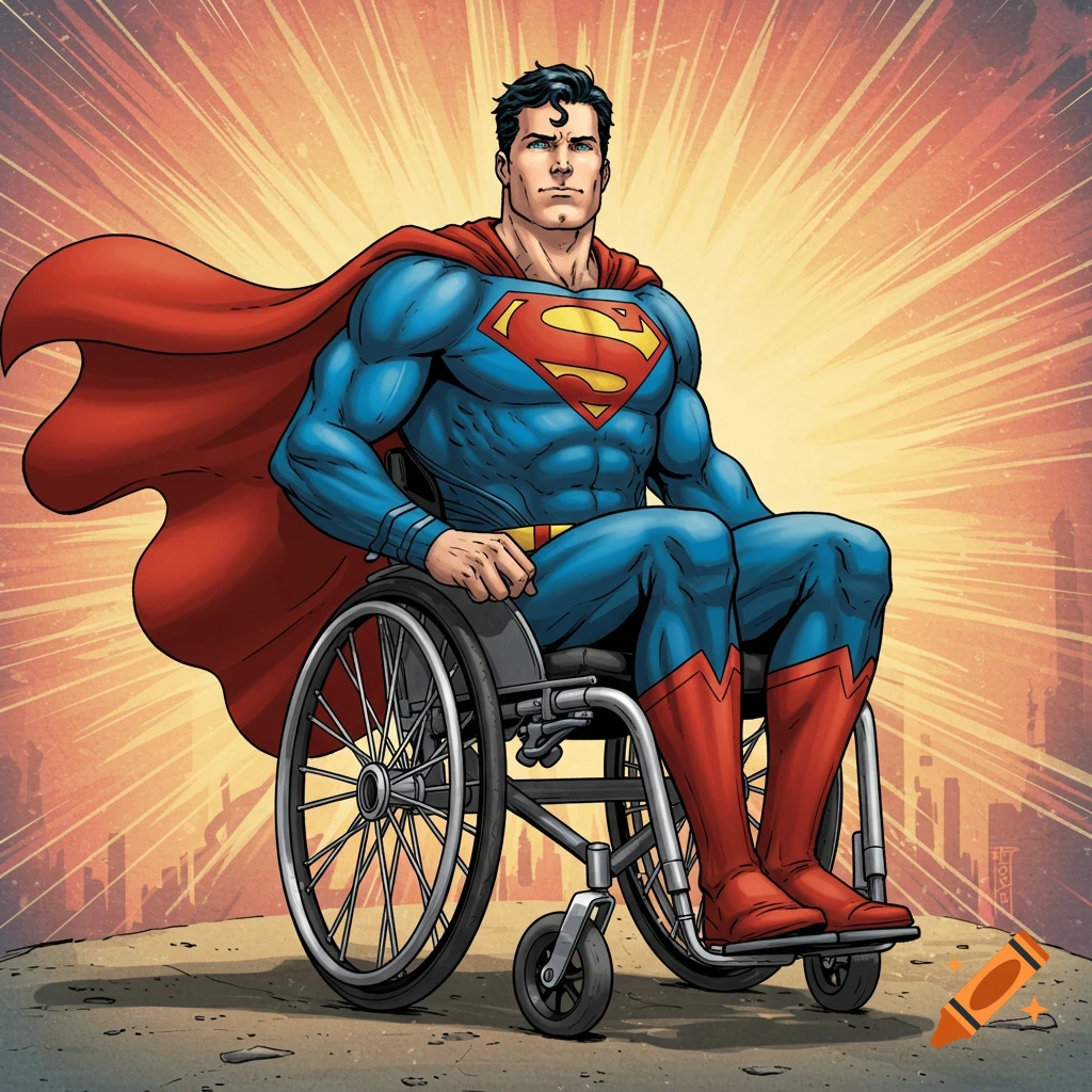 Comic art of Superman sitting in a wheelchair.