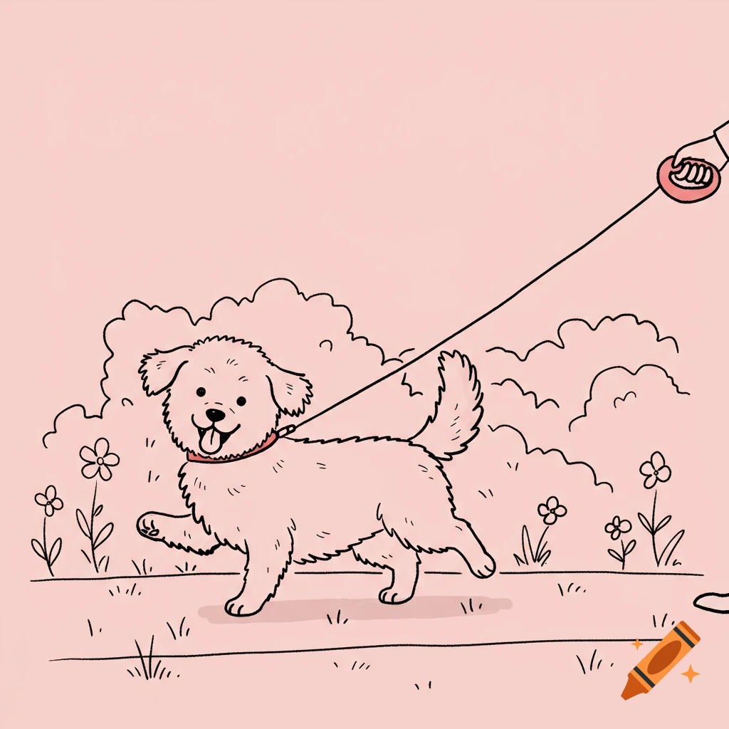 Simple outline drawing of a cute puppy on a leash being walked, on a pink background.