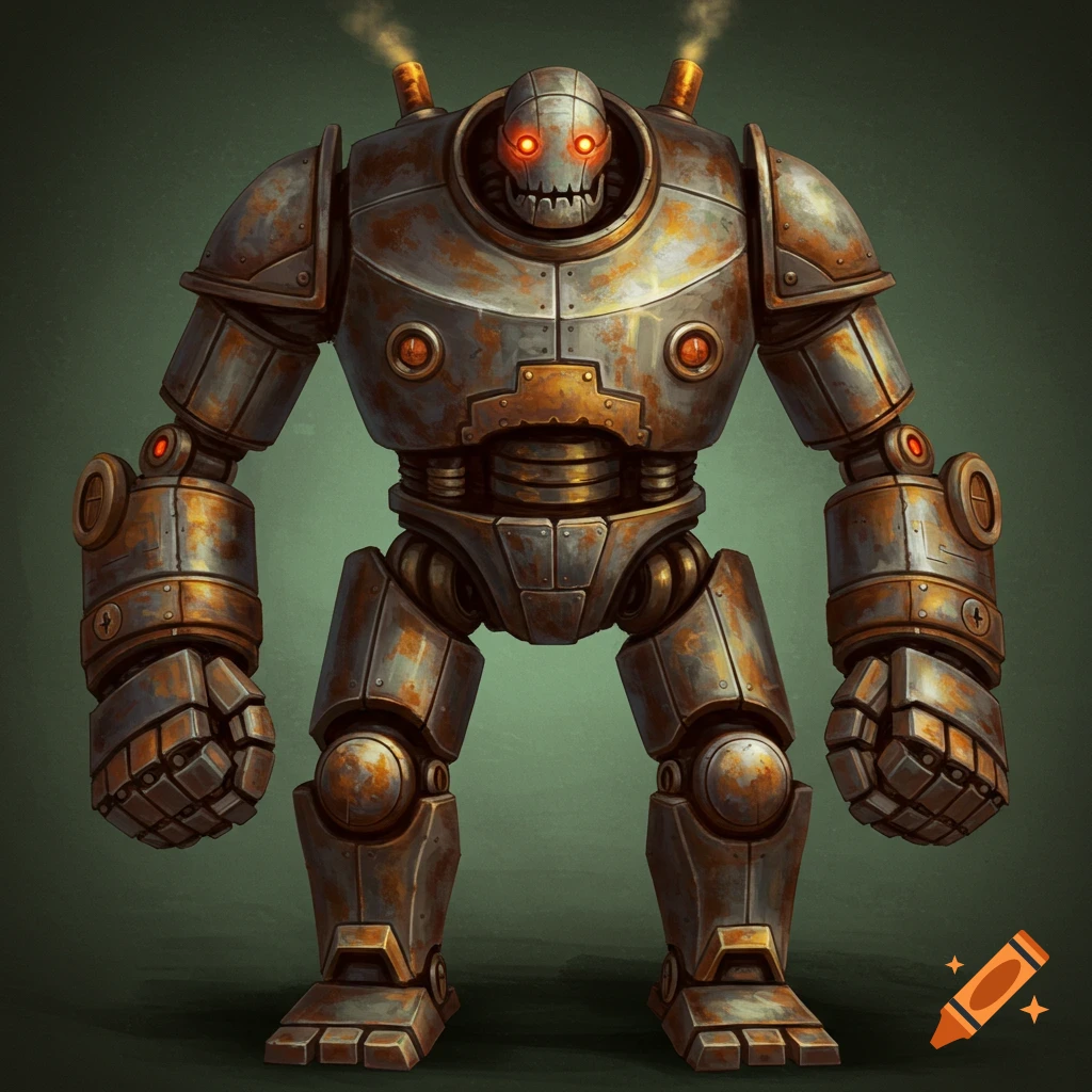 A large rusty metal robot golem with glowing red eyes.