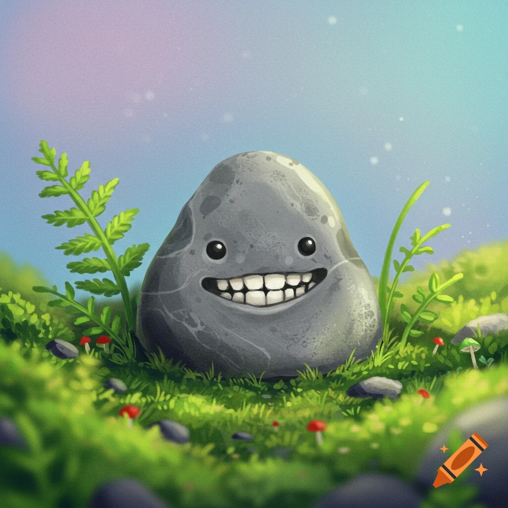 A smiling rock with eyes and teeth sits in lush green grass and plants.
