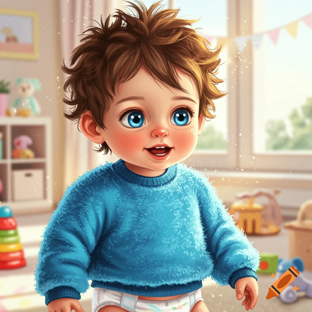 A toddler boy with blue eyes and brown hair is wearing a blue fuzzy sweater and a diaper in a sunny room filled with toys.
