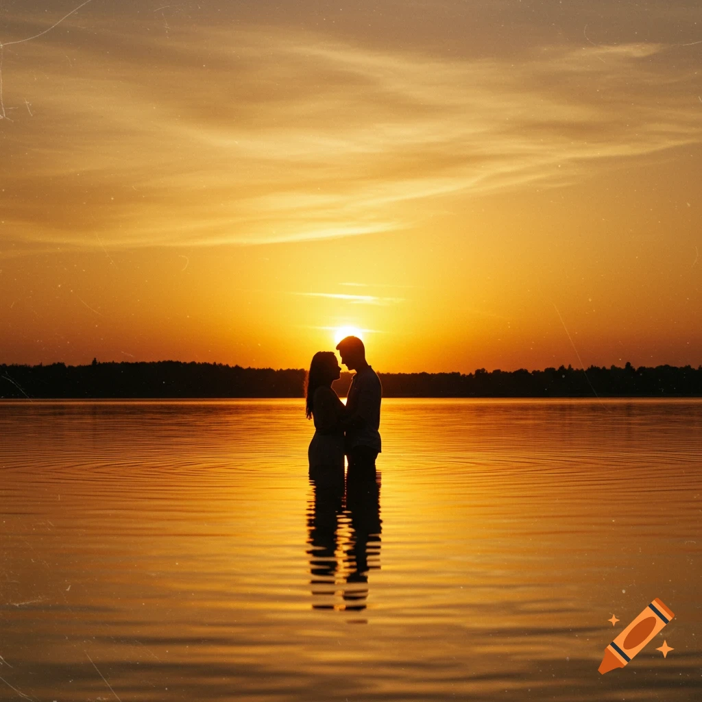 Silhouetted couple embracing in a lake at sunset