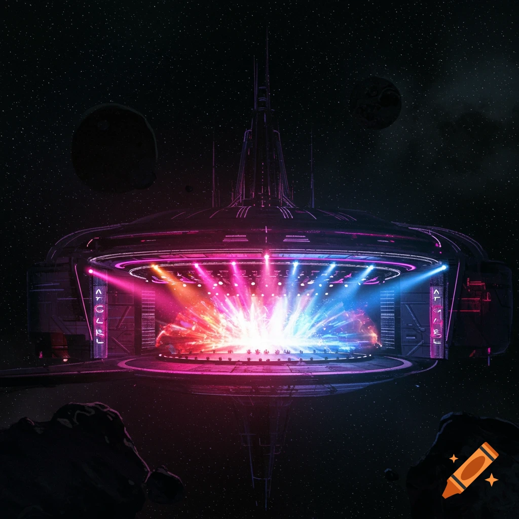 A futuristic theatre stage floats in space with bright red and blue lights illuminating the scene.