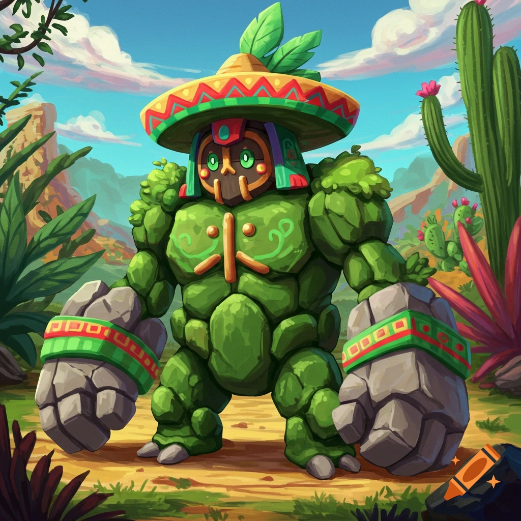 A green, stone creature with rock fists wearing a sombrero in a desert.