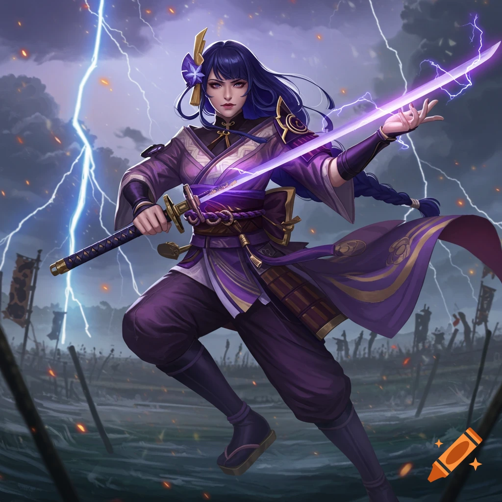 A female warrior in purple armor holds a glowing sword amidst a lightning storm.