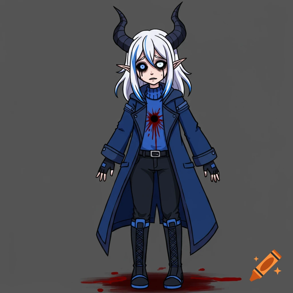 Anime character with horns, white hair, blue coat, and a bleeding chest wound standing on bloody ground.