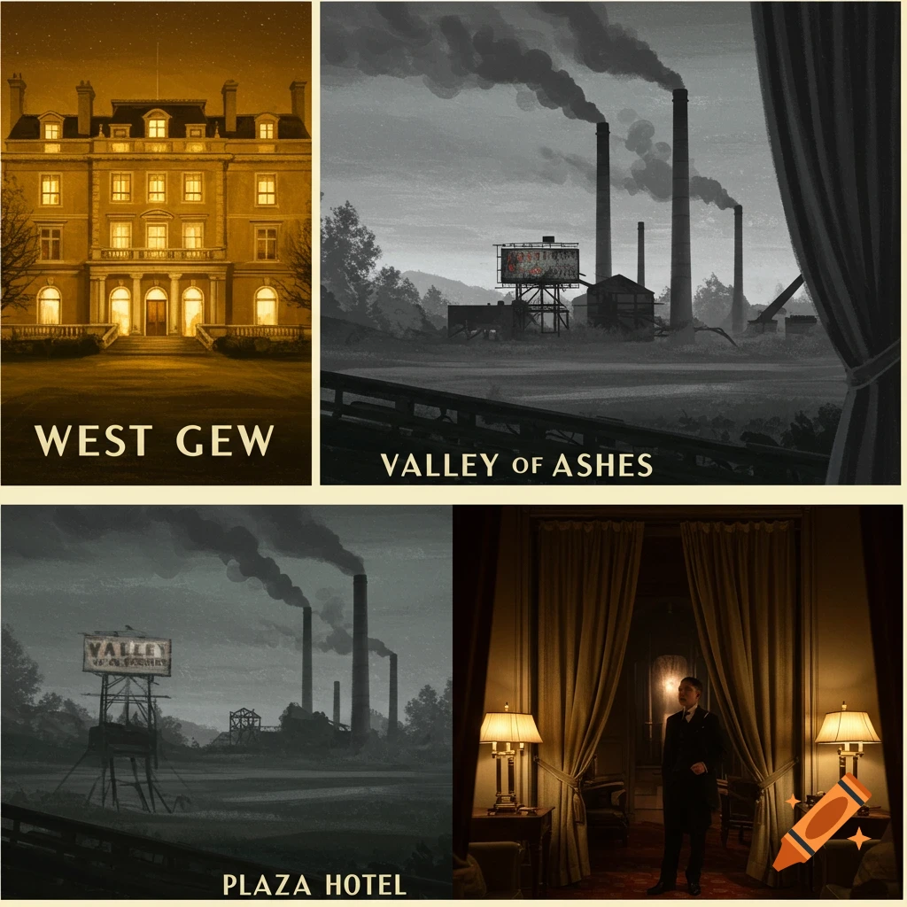 Collage of a mansion, an industrial valley, and a hotel room.
