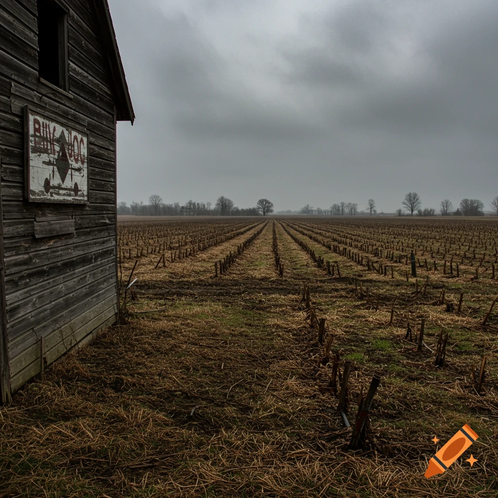 A dark wooden barn stands beside a harvested field under a cloudy grey sky.