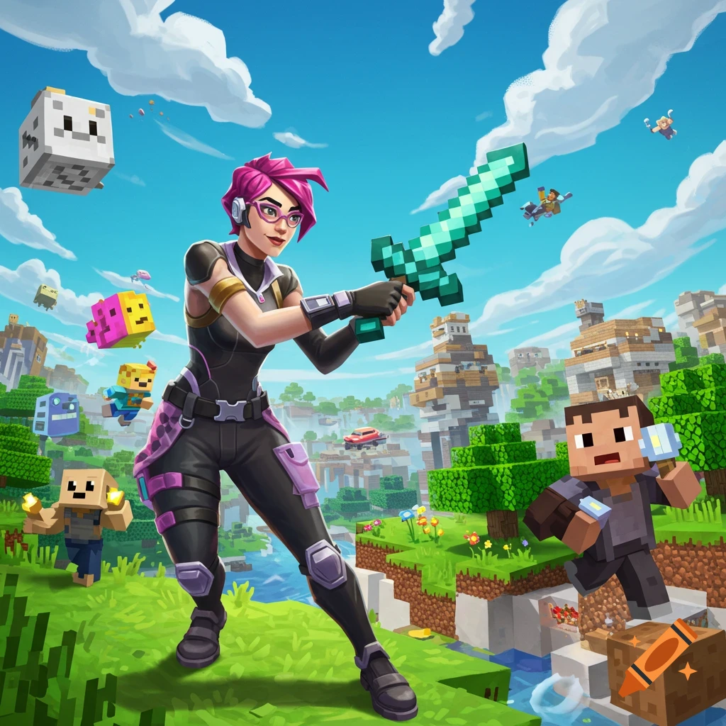A Fortnite character with pink hair holds a diamond sword in a Minecraft world with various mobs and characters.