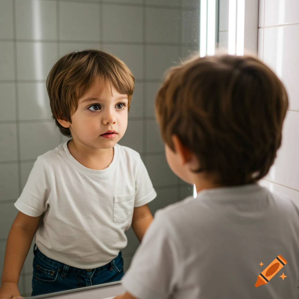 Young boy looking in a mirror in a bathroom